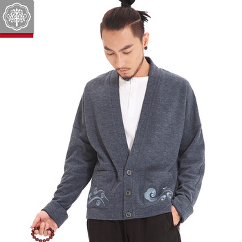 意树中国风男装秋季刺绣<em>开衫</em> <em>针织衫</em> <em>男V领</em>长