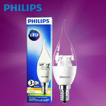 
                                                            飞利浦灯泡PHILIPS  LED灯泡3W/5W水晶灯 蜡烛尖泡/拉尾泡/球泡小口E14口可选 3W拉尾泡E14小口黄光                