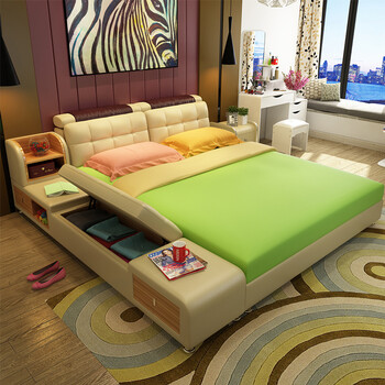 富莲娜 床 皮床 双人床 榻榻米床 带储物边柜 卧