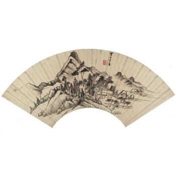 姿翰超高清微喷装饰画明代董其昌水墨山水画扇面纸本54x26相框装裱