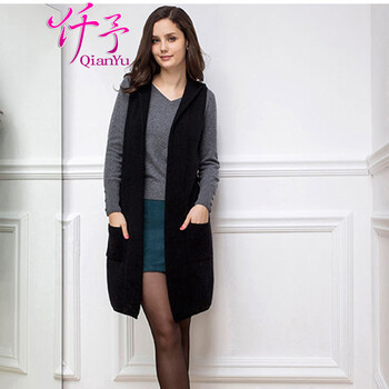 仟予 秋冬女装<em>长袖带帽</em>马甲 纯色<em>针织</em>打底衫 长