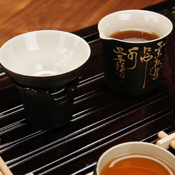 
                                        束氏 黑釉磨砂茶壶吉祥如意套组茶具套组整套茶具003263                