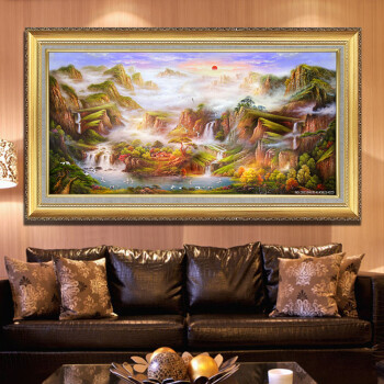 
                                        麦画欧式纯手绘油画客厅山水风景油画有框画 酒店装饰画横壁画挂画《日出东方》聚宝盆 cf03 横幅有框风景画 60*120cm                