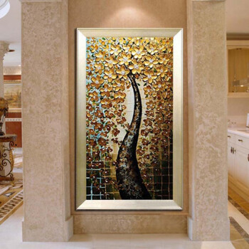 
                                        水竞玄关装饰画竖版油画发财树厚油抽象刀画走廊过道欧式现代简约画 b金色发财树 带外框80*160cm                