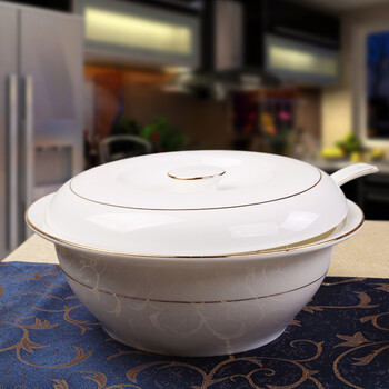 
                                                                                LIFEEYES 酒店餐厅家用骨瓷餐具品锅带盖 陶瓷汤锅饭盆汤盆大汤碗1600ml 金边                