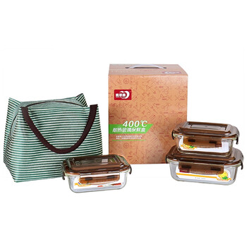青苹果 耐热玻璃保鲜盒套装 3件套+便当包 BXHK03-1-B 烤箱 冰箱 微波炉适用保鲜盒