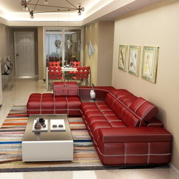 头层牛皮真皮沙发简约现代客厅皮沙发大户型整装转角沙发组合 红色