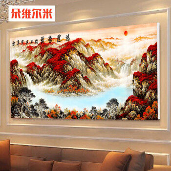 客厅装饰画沙发后墙挂画单幅横版山水画风水靠山花开富贵壁画中式hzj