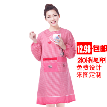 
                                                            帛思绮 千鸟格围裙罩衣成人女男家居服厨房长袖防水防油反穿衣 印文广告logo可定制 千鸟格红                