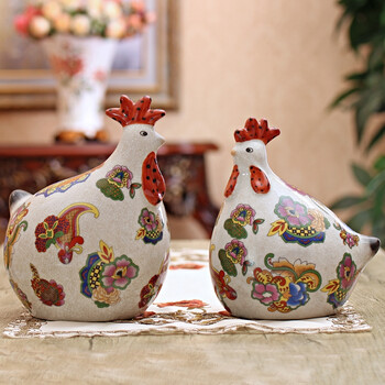 家居饰品景德镇陶瓷摆件欧式工艺品 十二生肖现代简约发财鸡摆件 一对价