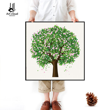 
                                        云图 幸福树 装饰画 现代简约抽象客厅电表箱壁画有框布艺画 一套 ABCD画面 50*50(白色框)                