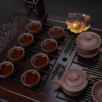 
                                        点匠 功夫茶具套装祥龙进口黑檀木自动排水茶盘四合一自动抽水电磁炉汝窑紫砂茶具 整套陶瓷茶具 紫砂君子                