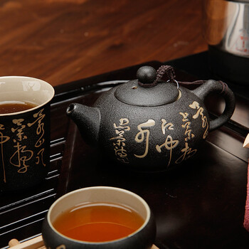 
                                        束氏 黑釉磨砂茶壶吉祥如意套组茶具套组整套茶具003263                