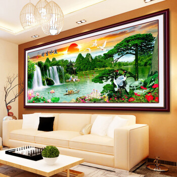 
                                        卡蒂奇印花十字绣新款流水生财客厅旭日东升迎客松风景山水大画 大格棉线印花240*100                