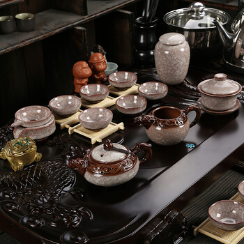 Z-SHINE晟维 紫砂茶具 陶瓷冰裂茶具整套功夫茶具套装电热磁炉实木茶盘茶海茶台四合一 套餐4龙啸九天四合一配淡雅白浮雕龙