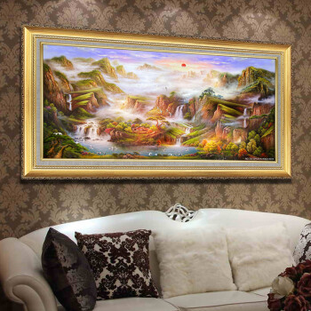 
                                        麦画欧式纯手绘油画客厅山水风景油画有框画 酒店装饰画横壁画挂画《日出东方》聚宝盆 cf03 横幅有框风景画 60*120cm                