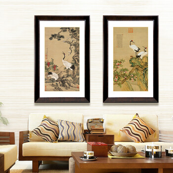 
                                        吉运来卧室沙发客厅装饰画墙画挂画中式有框沈铨松梅双鹤图 香槟银邹一桂蟠桃图 外框尺寸60*100cm                