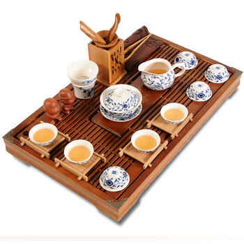 
                                        怡品堂青花瓷茶具 景德镇功夫茶具套装陶瓷青花瓷整套茶壶茶杯茶具实木茶盘茶海茶台 J81B2 五福连枝柯木茶具套装                
