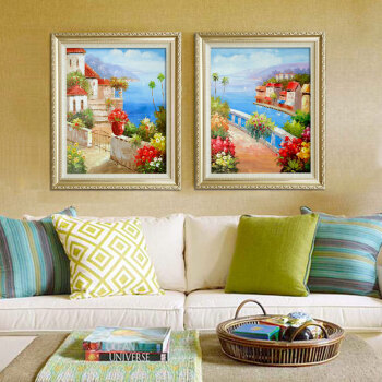 
                                        山迪手绘油画欧式客厅装饰画餐厅玄关挂画地中海风景画 地中海B1竖版 实木画框62X72cm                
