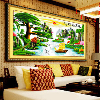 图慕 印花十字绣迎客松2米流水生财十字绣山水风景画客厅图 印花棉线款150*66cm