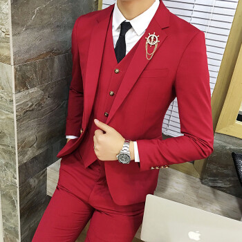 男士三件套修身西装商务正装职业装秋季新郎伴郎结婚礼服 红色单西装