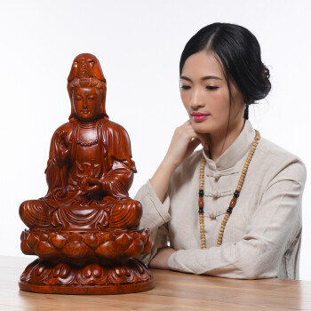 曹堂 黑檀木雕观音佛像供奉 木质坐莲花观音菩萨摆件客厅装饰镇宅