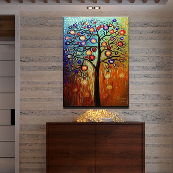 
                                        红艺 现代纯手绘玄关油画 卧室壁画 客厅餐厅过道 竖版装饰画 抽象画 挂画 发财树 01 70*140cm                