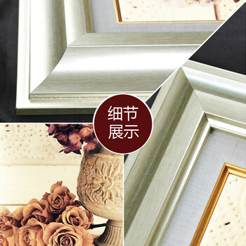 
                                                            现代美式沙发背景墙装饰画欧式客厅三联画餐厅壁画玄关墙画卧室床头花卉挂画 蓝莲花开+三联画+美式棕色框 50*60                