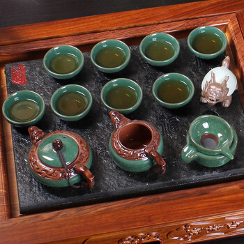 
                                        唐华 茶具套装整块乌金石茶盘实木红花梨木 宜兴紫砂功夫陶瓷茶壶茶叶罐青花茶具四合一连体套装 款式二富贵吉祥雕龙冰裂茶具套装                