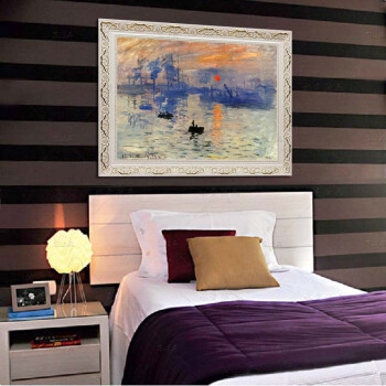 
                                        水竞油画临摹莫奈monet日出印象客厅风景装饰画简欧式卧室床头画餐厅挂画 白色实木画框 90*70                