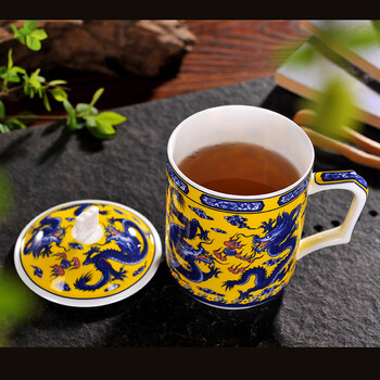 
                                        【敬瓷坊】景德镇骨瓷 茶杯陶瓷杯子 带盖 泡茶杯绿茶杯 办公杯 会议杯 大容量水杯 龙杯-双龙戏珠                