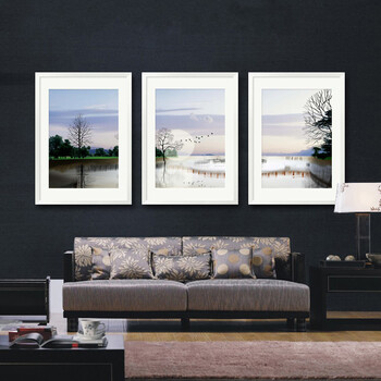 锦艺 风景装饰画客厅现代餐厅油画公司挂画办公室壁画沙发背景墙画框玄关画宁静致远S36黑白框 一套三联白色框价格 60*80