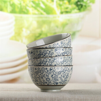 
                                        
                                        山田烧米饭碗 陶瓷碗套装(4.5英寸)釉下彩日式和风餐具(4只装) 吉祥花                