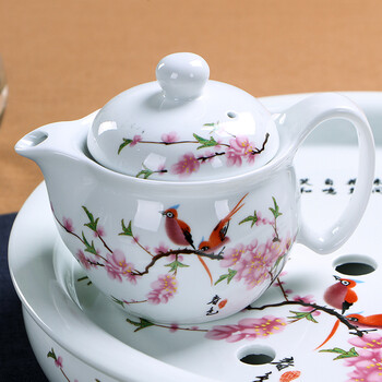 闽毓 茶具套装特价促销 双层陶瓷功夫茶具套装促销带茶盘隔热 水点桃花