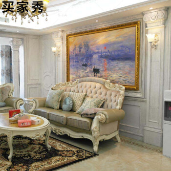 
                                        水竞油画临摹莫奈monet日出印象客厅风景装饰画简欧式卧室床头画餐厅挂画 白色实木画框 90*70                