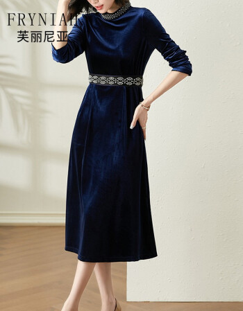 芙丽尼亚品牌21年年秋冬新款金丝绒长袖连衣裙女中长款复古气质时尚