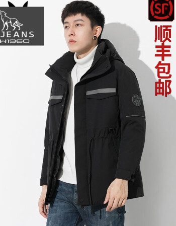 swjeans服男冬季连帽保暖男装外套潮流休闲青年男士冬装上衣服黑色m