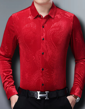 中年男士金丝绒衬衫本命年大红色春装中国龙纹大码长袖爸爸男装上衣服