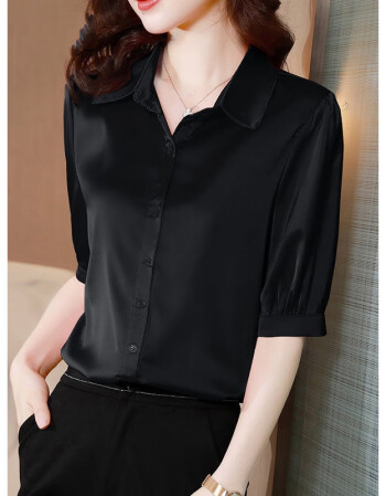 女士2021年夏季新款小众设计洋气上衣时尚气质桑蚕丝职业衬衣黑色xl