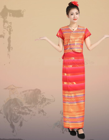 泰国女装云南傣族女装金丝傣葫芦丝演出服短袖傣族节服饰大红色s