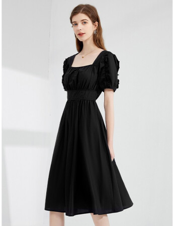 亦谷法式方领露背气质连衣裙女2021年夏装新款感中长款裙子黑色m