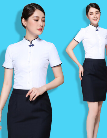 工作服女士ol装职业修身白衬衣短裙两件套韩版 东航白色蓝领短袖衬衫