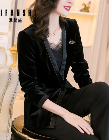 季梵施jifanshi品牌黑色金丝绒西装短外套女士2021秋冬新款气质v领