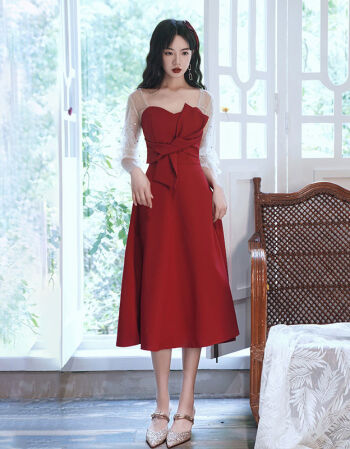 红色订婚网纱气质小礼服生日平时可穿连衣裙夏夏天时尚显瘦夏装红色s