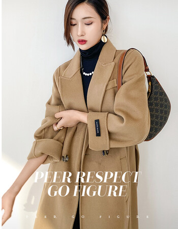 大衣>aensy>aensy毛呢外套女2021秋冬新款中长款双排扣女装双面呢羊毛