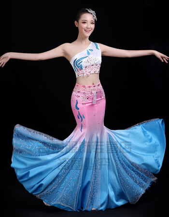 西双版纳傣族服装女舞蹈成人鱼尾裙渐变孔雀舞演出服艺考套装定制蓝色