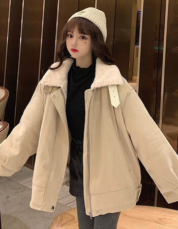 立领棉服2021年棉衣工装加厚派克服外套女中长款冬小个子港风杏色均码