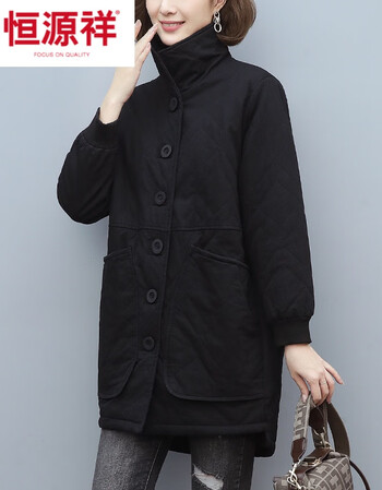 格棉服女2021冬装新款韩系薄款中长款时尚妈妈休闲棉袄夹棉外套黑色m