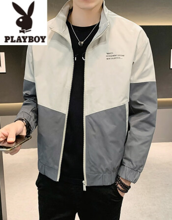 秋季外套男2021韩版潮流百搭撞色拼接薄款夹克秋装立领衣服男灰色xl