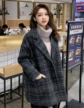 2021冬季新款韩版中长款茧型格子西装毛呢大衣女加厚小个子外套绿色xl
